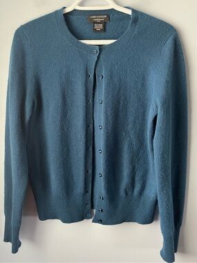 Lord & Taylor Blue 100% Cashmere Crewneck Button-Up Cardigan Size M Petite